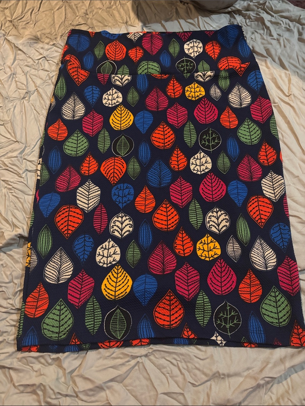 LuLaRoe Navy Pencil Skirt with Multicolor Leaf Print